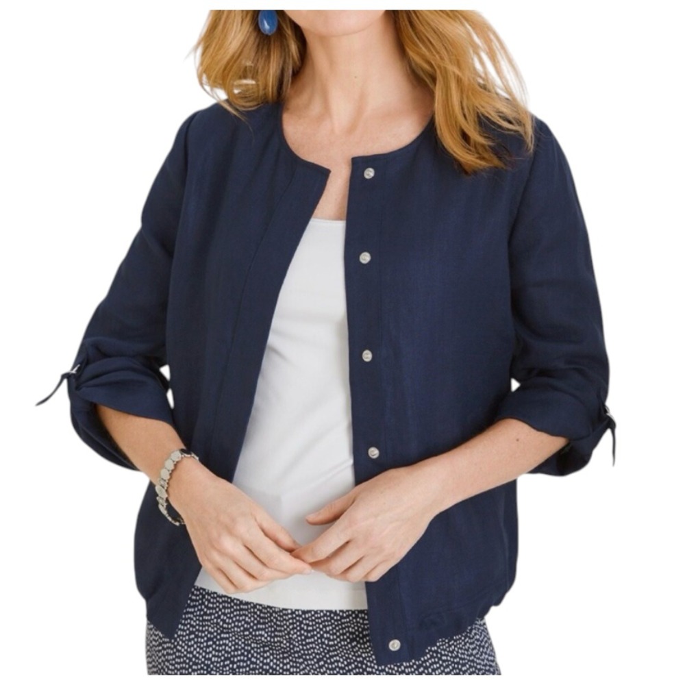 CHICO'S Thick Linen UTILITY JACKET Snap-Up Roll Tab Sleeves KINGS NAVY Blue 1/M